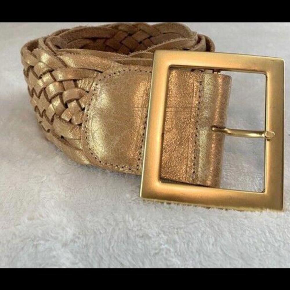 🥋 Cache Gold Leather Braided Wide Belt 3x2.75 Buckle  39.5 Long 2” Wide